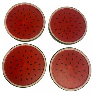 90s vintage Watermelon slice Coasters SET 4 Painted Wood Vermont fruit LOT 1990